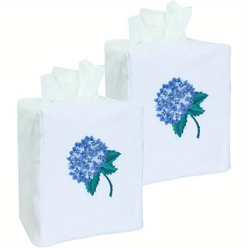 Fabric Tissue Box Cover Set of 2 Vintage Floral Embroidery Hydrangea Tissue Holder Bouquet Wrapping Bag Car Tissue Holder Tissues Box Cover Square 5.9 X 5.9 X 7 White Square Tissue Box Cover
