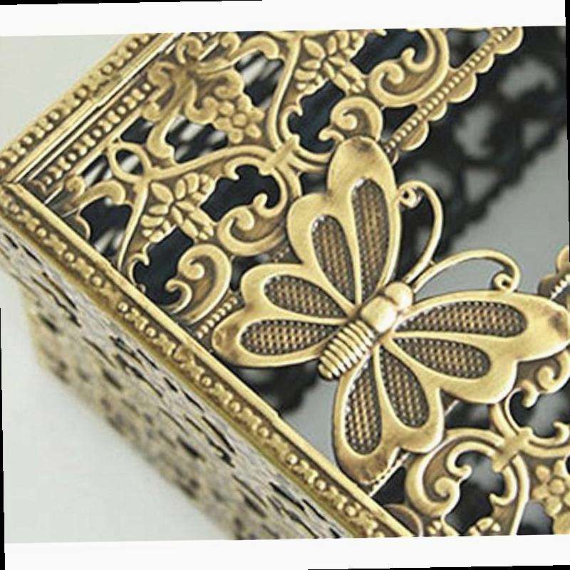 SEHAMANO Vintage Rectangle Tissue Holder Antique Decorative Metal Tissue Box Cover is Designed by Heart Pattern Brass Matt Gold