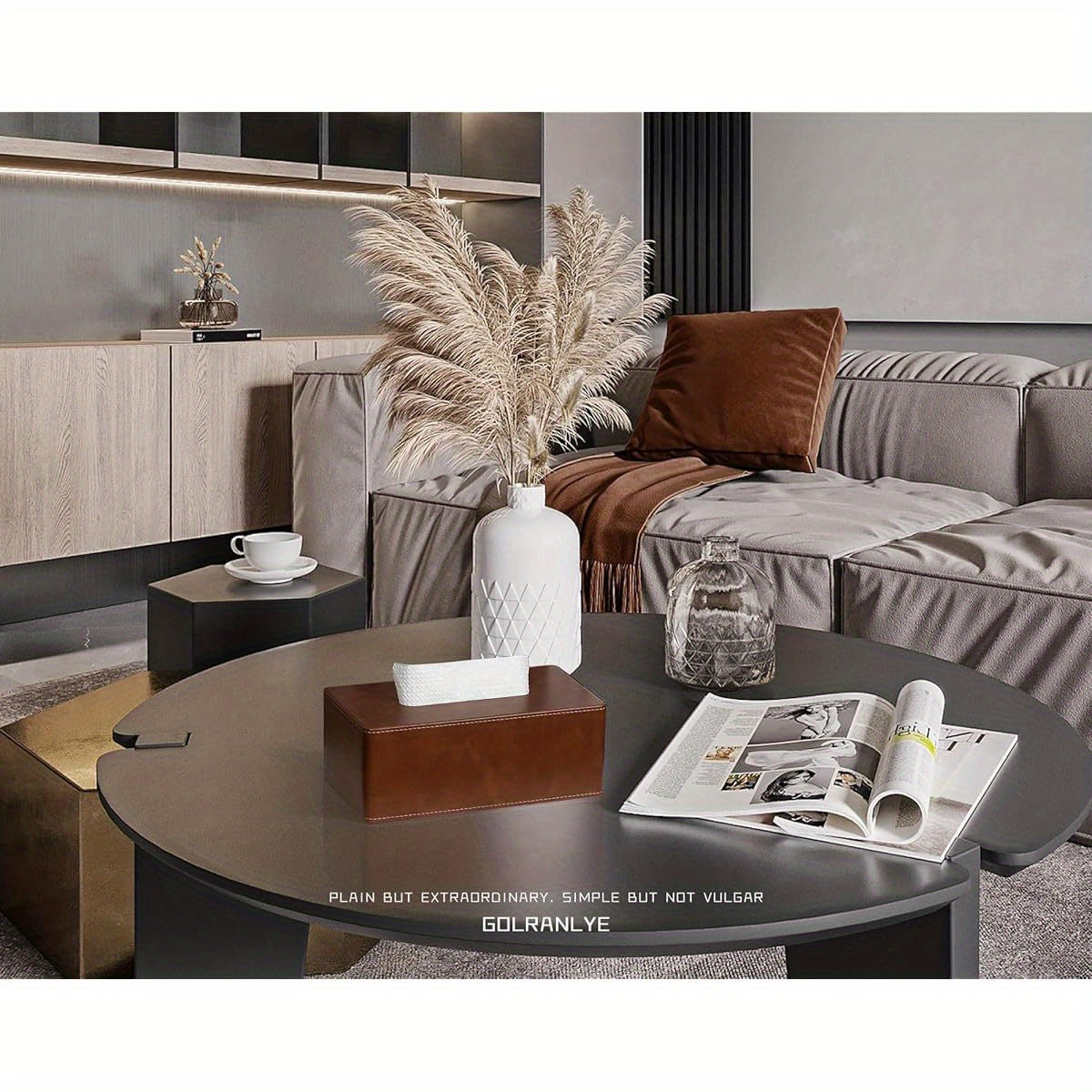 Tissue Box Cover Rectangular 9. 8" ( L) x 5. 3" ( W) x 4. 3" ( H) Refined Modern PU Leather Facial Tissue Dispenser Box Holder for Dresser Bathroom Decorative ( Brown)