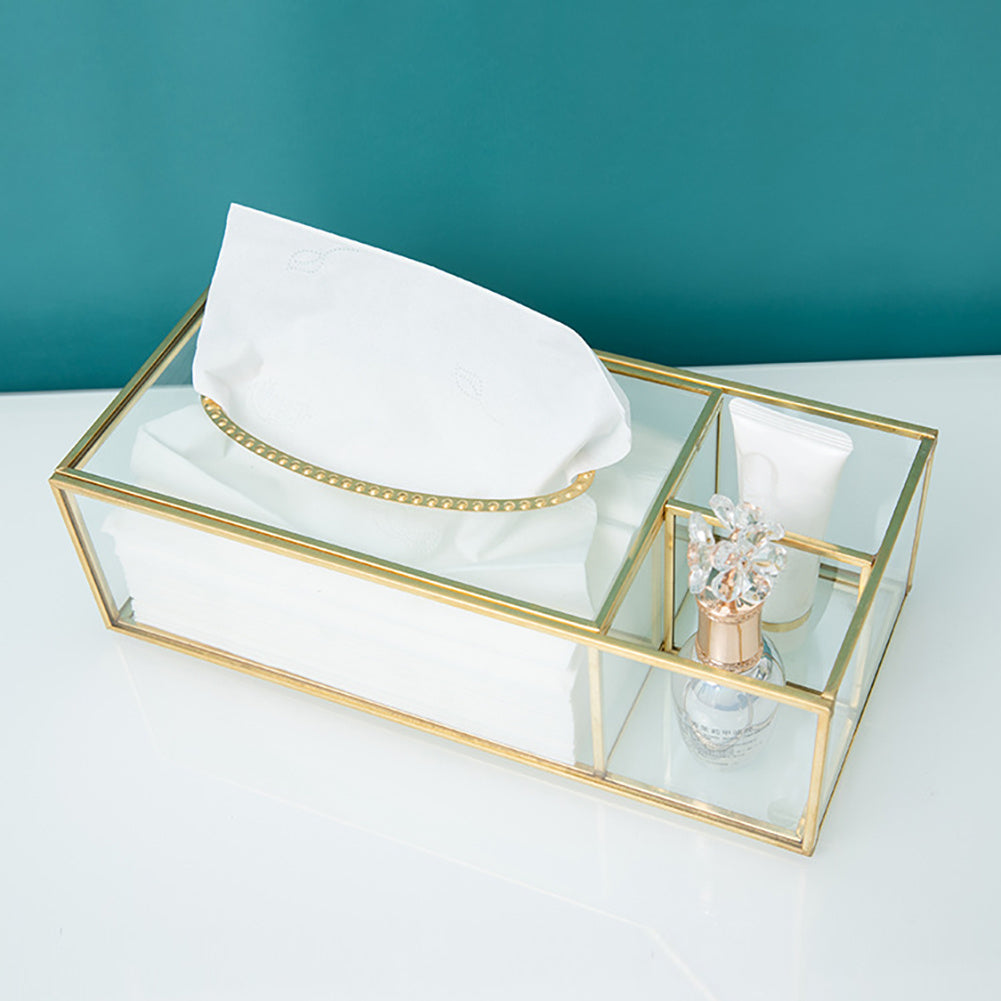 Glass Tissue Box with Brass Frame - Clear Rectangular Decorative Storage for Kitchen, Bathroom, Living Room & Office - Modern Elegant Napkin & Paper Holder with Open Access Design, Durable Glass Construction