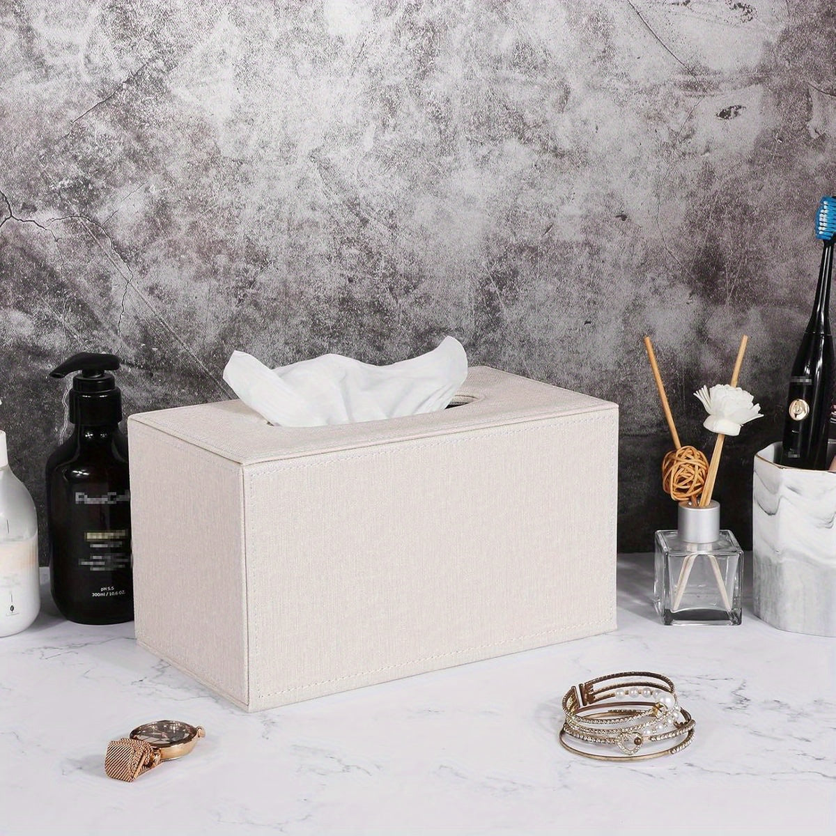 Sumnacon Large Rectangular Tissue Box Cover with Magnetic Closure - Beige & MDF Construction, Decorative Storage Holder with Rounded Corners & Sturdy Frame for Bathroom, Living Room, Office, Car - Fits Large /Kitchen Tissues, Space-Saving Design, Durable