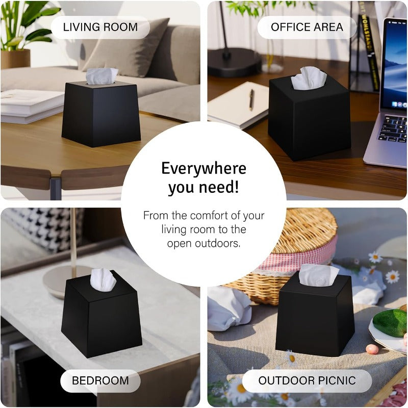 2-Pack Black Tissue Box Covers - Modern Minimalist Square Dispenser, Decorative Facial Tissue Holder for Living Room, Office, Bathroom, Kitchen - Compatible with Standard Tissues, Space-Saving Organizer (5, 5x5, 5x5, 6in) - Ideal for Home, Desk, or