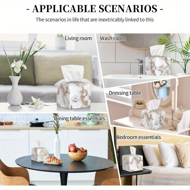 Modern Square Tissue Box Cover - Elegant White & Golden Marble-like design, PU Leather Holder with Closure, Fits Standard Tissues, Decorative Organizer for Living Room, Bathroom, Office, Car - Luxury Home Decor Gift, Bathroom Accessory, Chic Aesthetic,