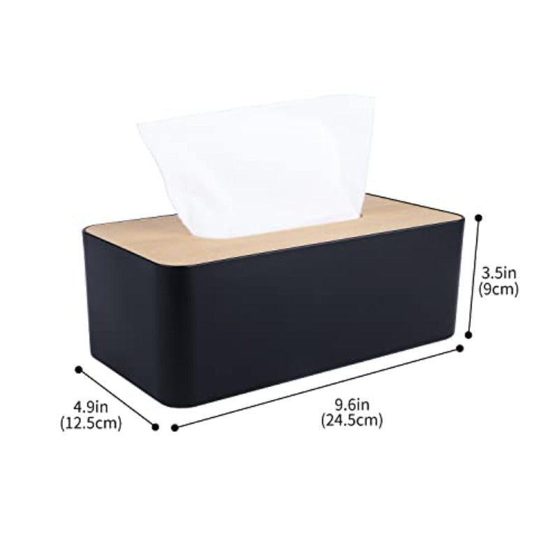 Modern Black Bamboo Tissue Box Holder with White Lid - Elegant Rectangular or Round Design, Durable Plastic & Bamboo Construction, Scratch-Resistant Surface Protector, Fits Bathroom, Office, Home - Compatible with Square & Round Tissues (9.7x5x3.6in) -