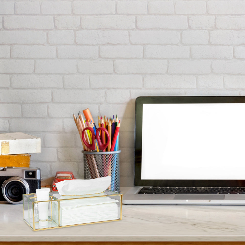 Glass Tissue Box with Brass Frame - Clear Rectangular Decorative Storage for Kitchen, Bathroom, Living Room & Office - Modern Elegant Napkin & Paper Holder with Open Access Design, Durable Glass Construction