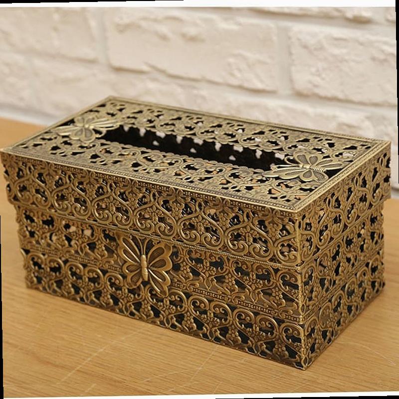 SEHAMANO Vintage Rectangle Tissue Holder Antique Decorative Metal Tissue Box Cover is Designed by Heart Pattern Brass Matt Gold
