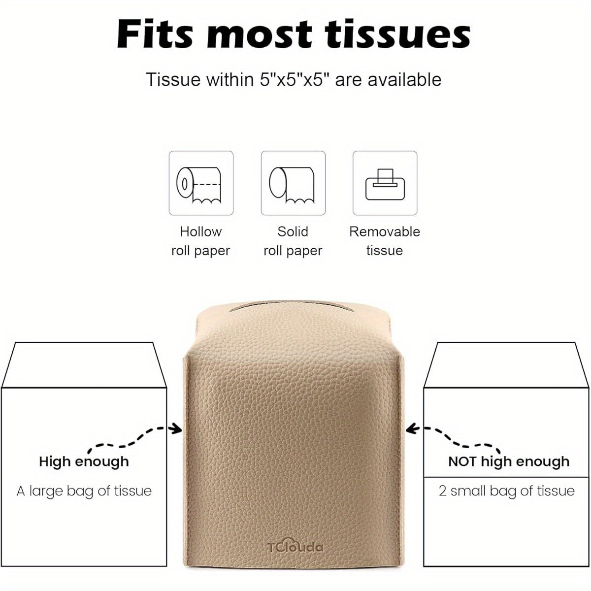 2-Pack Modern PU Leather Tissue Box Holder with High Quality & Dustproof Design - Beige Square Storage Cover with Golden-Tone Hardware, Foldable & Easy-Clean for Bathroom, Office, Car, Nightstand, Outdoor - Fits 5x5x5 Boxes, Decorative Organizer