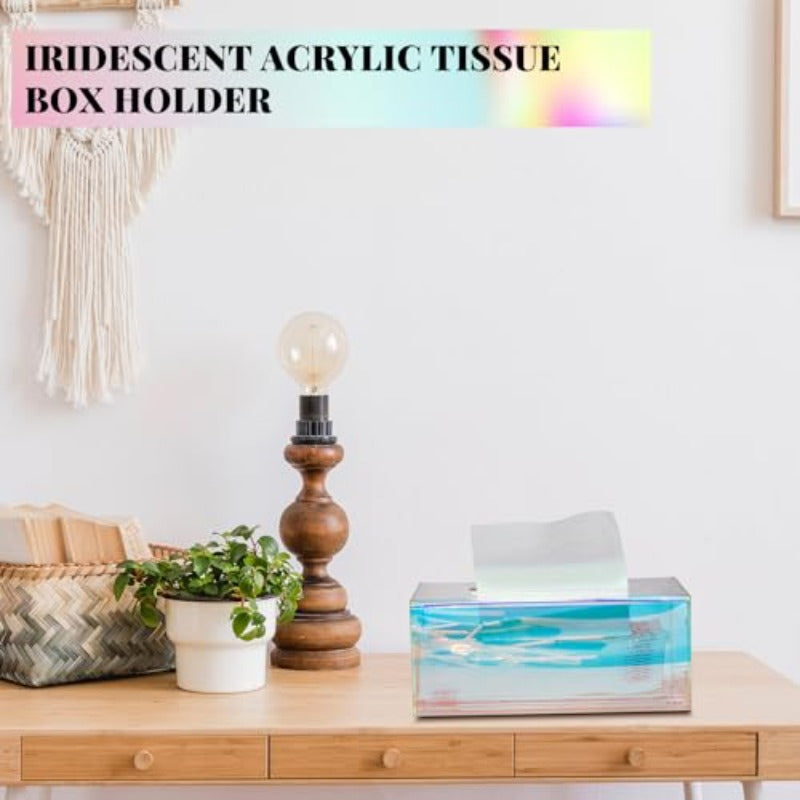 2pcs Iridescent Tissue Box Dispenser - Clear Modern Cube Organizer with Iridescent Rainbow Colors (Pink/Purple/Blue/Purple/Orange/Pink), Large Capacity Tissue Holder for Bathroom, Living Room, Office, Vanity - Space-Saving Countertop Organizer, Decorative