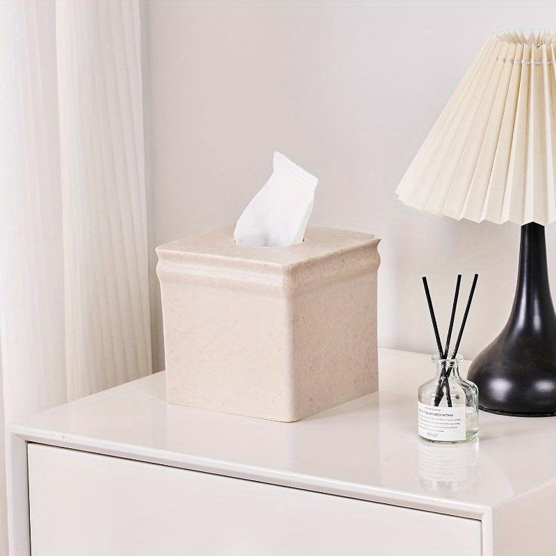 Beige Sand Stone Tissue Box Cover - Retro Square Design, Durable & Stylish for Bathroom, Bedroom, Nightstand, Vanity, Desk, or Office Decor, Bathroom Decor And Accessories, Bedroom Accessory, Minimalist Design, Textured Surface