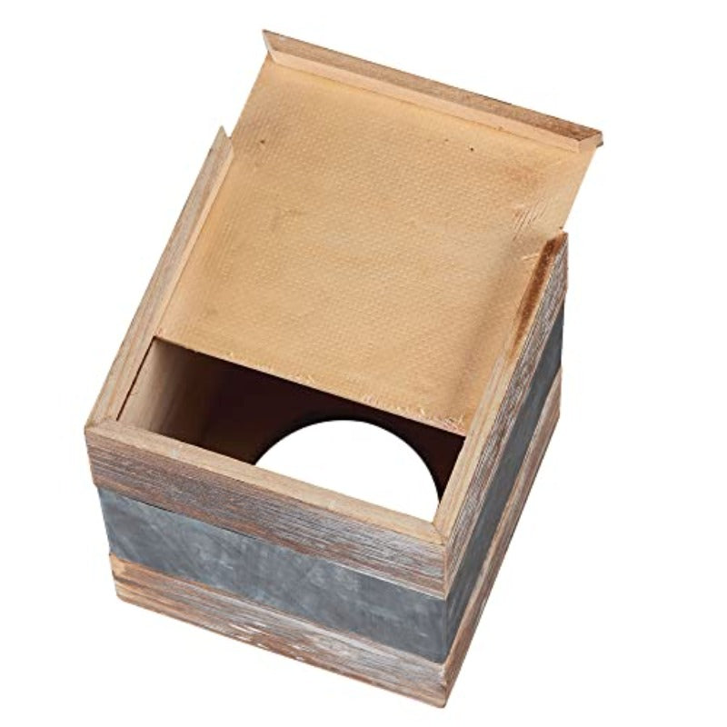Rustic Metal & Distressed Wood Square Tissue Box Cover - Farmhouse Bathroom Decor with Antique White & Brown Finish, 6x6x6 Inch Decorative Holder for Tissues, Country Home Décor, Sturdy Metal Frame & Wood Panel Design, Space-Saving Tissue Dispenser for