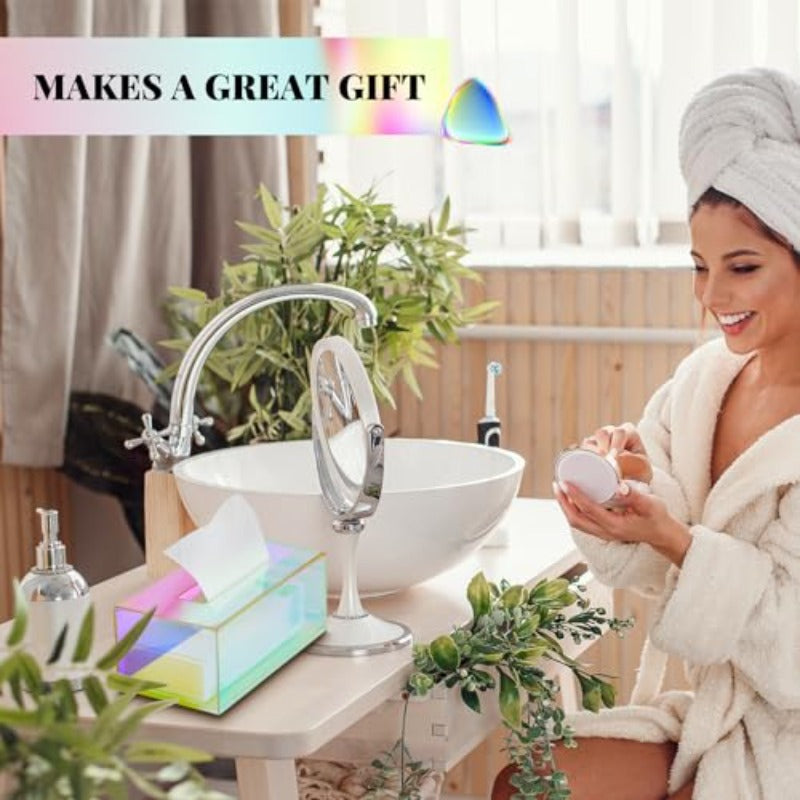 2pcs Iridescent Tissue Box Dispenser - Clear Modern Cube Organizer with Iridescent Rainbow Colors (Pink/Purple/Blue/Purple/Orange/Pink), Large Capacity Tissue Holder for Bathroom, Living Room, Office, Vanity - Space-Saving Countertop Organizer, Decorative