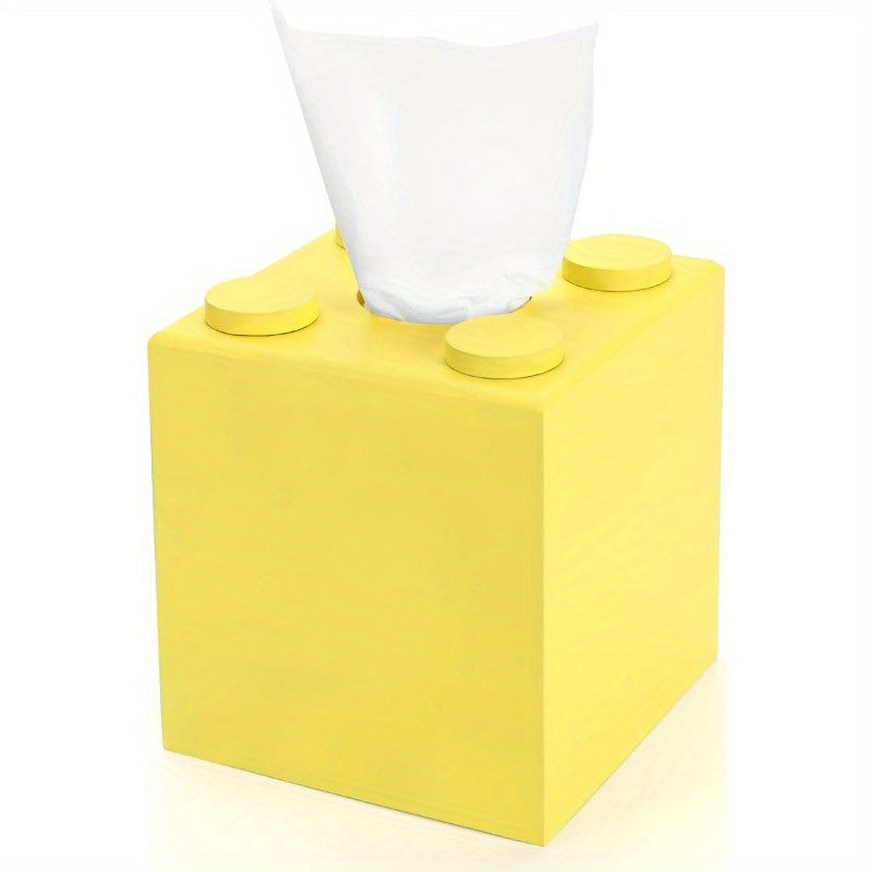 Wood Tissue Box Cover Tissue Box Cover Square Building Blocks Tissue Box Holder with SlideOut Bottom Cute Home Decor for Bathroom Living Room Office Kitchen Yellow Small