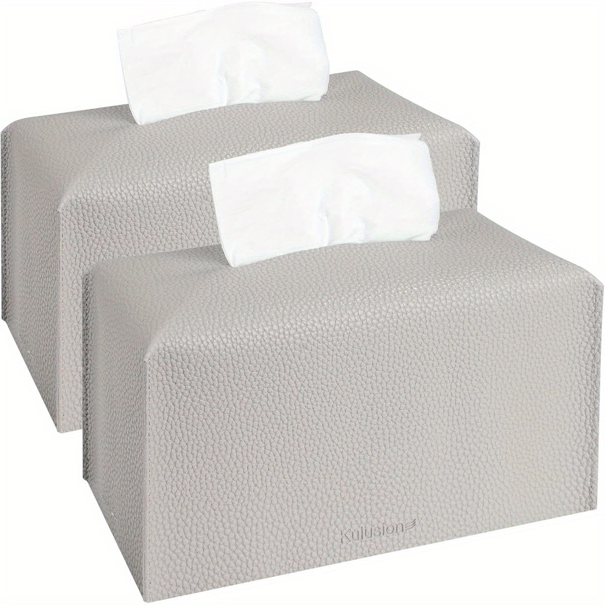 2pcs Recycled Wood Tissue Box Cover Holders with PU Leather Finish, Textured Embossed Design & Bottom Belt - Decorative Organizer for Bathroom, Car, Office, Tabletop - 9.5x5x5 Inch, Light Gray, Bathroom Organizers And Storage, Home Organization, Modern