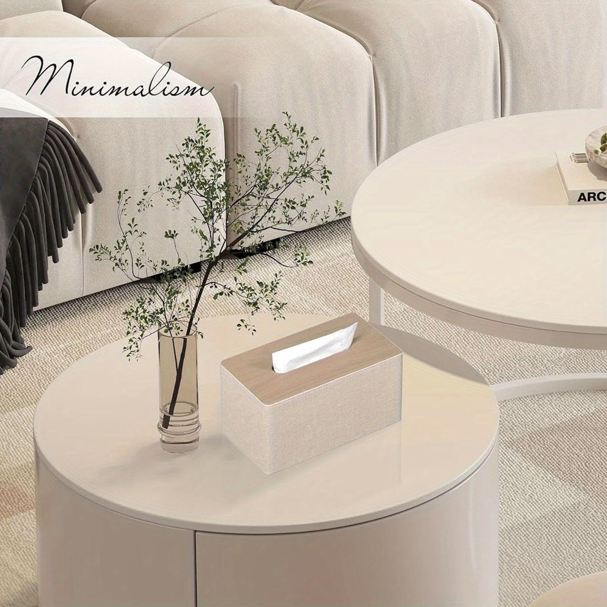 Modern Rectangular Tissue Box Cover with Magnetic Closure - Beige PU Leather Bathroom Organizer, High Quality Dustproof Storage Cabinet Holder for Dresser, Fits 9.8”L x 5.3”W x 4.3”H Tissues - Compatible with Costco//Napkins - Easy-Clean Surface &