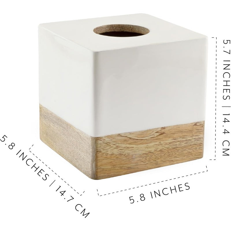 AuldHome Design Square Tissue Box Cover Enamel Mango Wood ; Minimalist Scandinavian Decor White Cube Tissue Holder