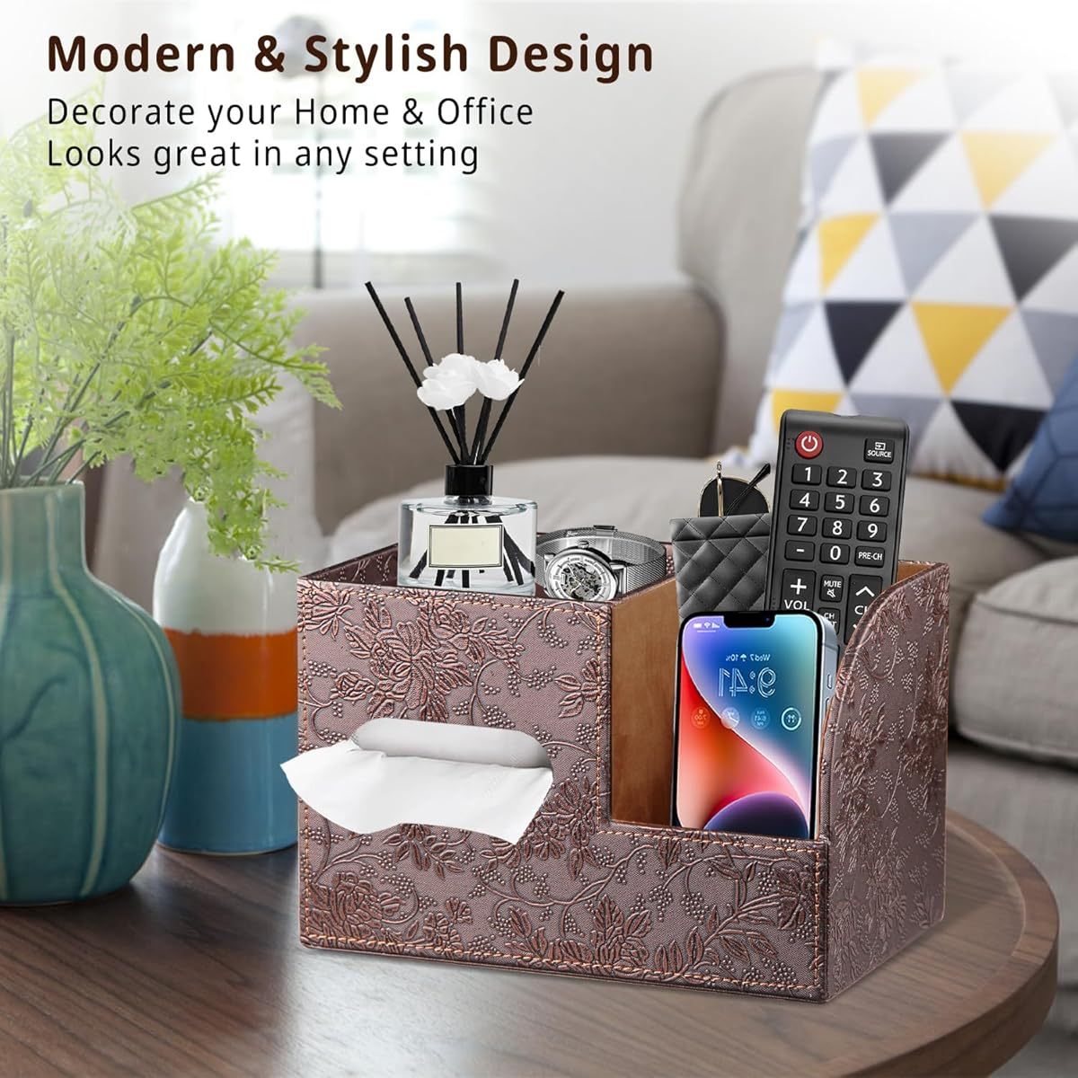 Modern Faux Leather Tissue Box Cover with Storage Tray – Stylish Facial Paper Organizer for Bathroom, Vanity, or Nightstand, Includes Remote Control Holder and Perfume Bottle, Bathroom Organizers And Storage