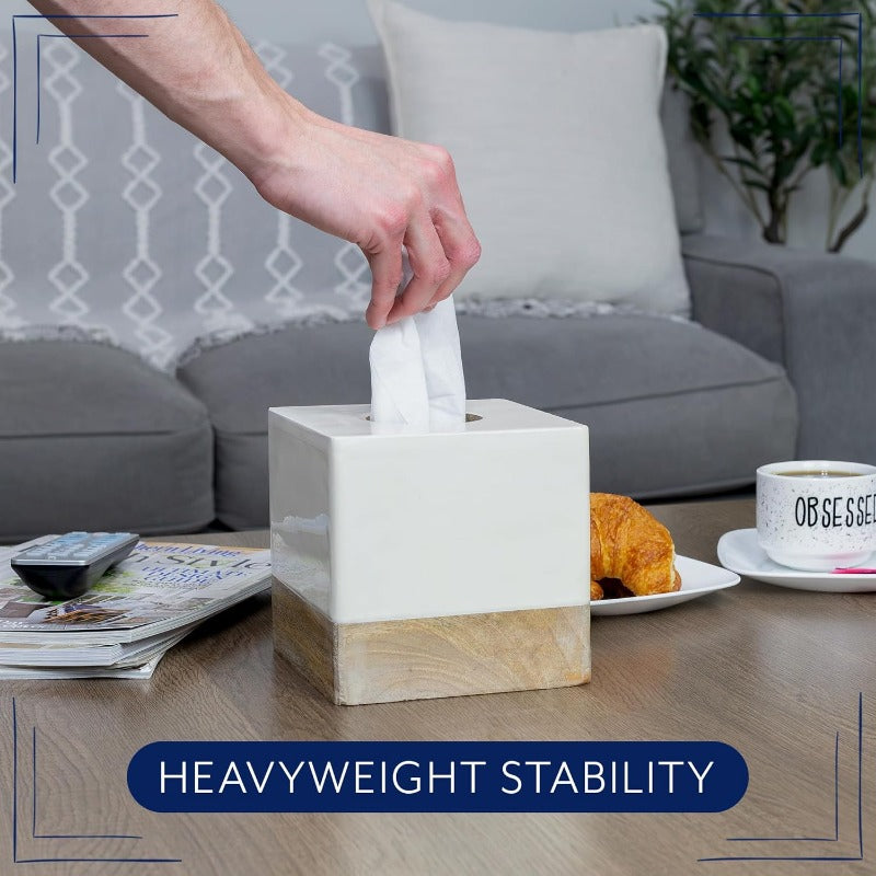 AuldHome Design Square Tissue Box Cover Enamel Mango Wood ; Minimalist Scandinavian Decor White Cube Tissue Holder