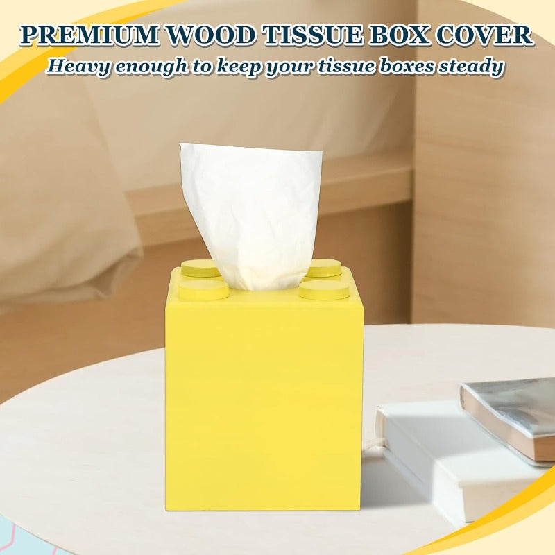 Wood Tissue Box Cover Tissue Box Cover Square Building Blocks Tissue Box Holder with SlideOut Bottom Cute Home Decor for Bathroom Living Room Office Kitchen Yellow Small