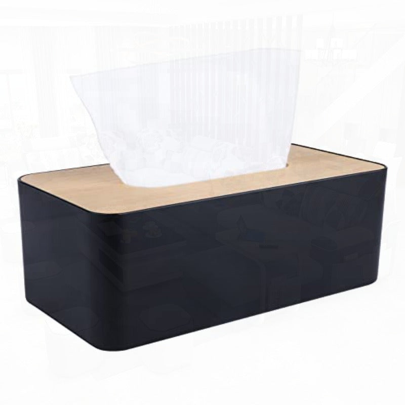 Modern Black Bamboo Tissue Box Holder with White Lid - Elegant Rectangular or Round Design, Durable Plastic & Bamboo Construction, Scratch-Resistant Surface Protector, Fits Bathroom, Office, Home - Compatible with Square & Round Tissues (9.7x5x3.6in) -