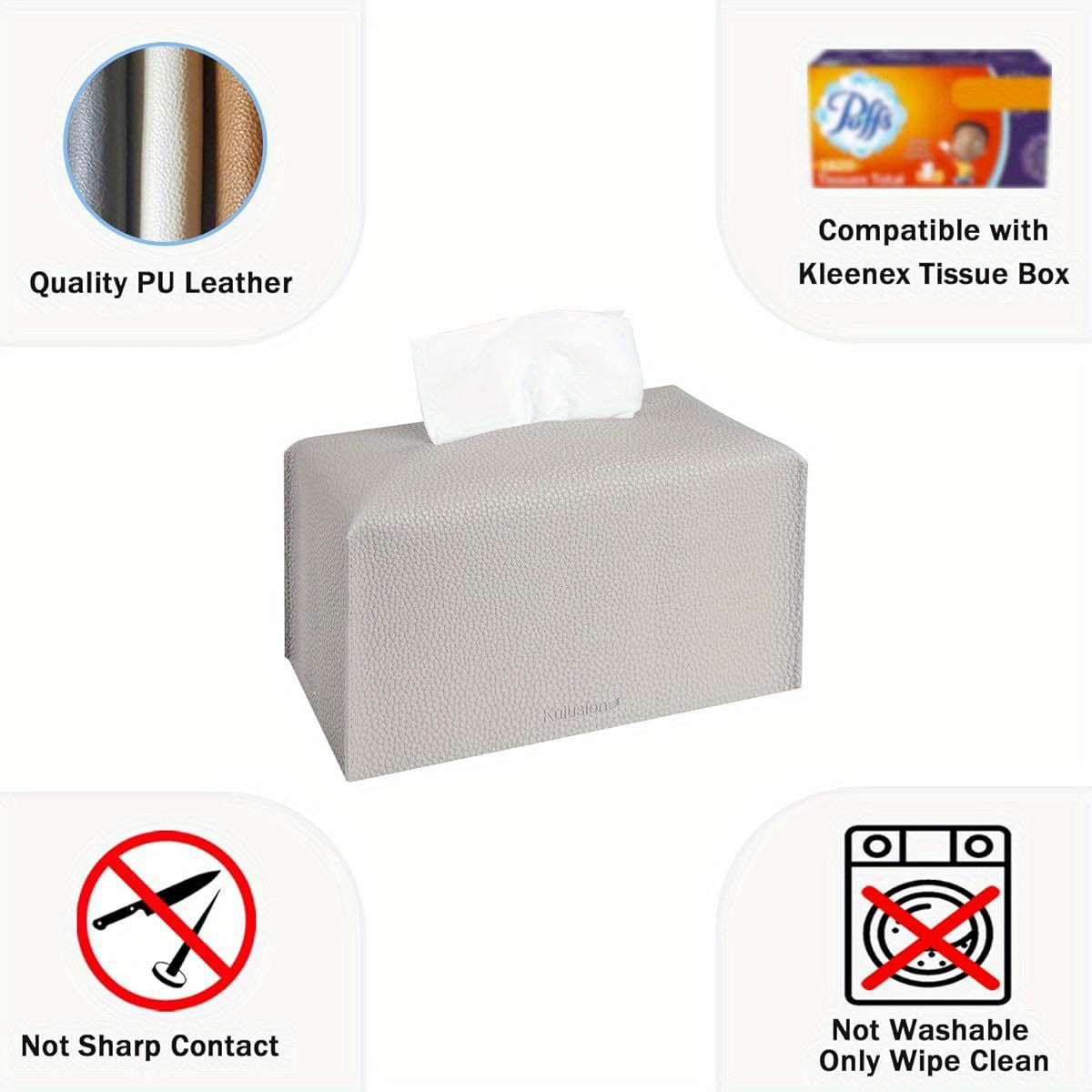 2pcs Recycled Wood Tissue Box Cover Holders with PU Leather Finish, Textured Embossed Design & Bottom Belt - Decorative Organizer for Bathroom, Car, Office, Tabletop - 9.5x5x5 Inch, Light Gray, Bathroom Organizers And Storage, Home Organization, Modern