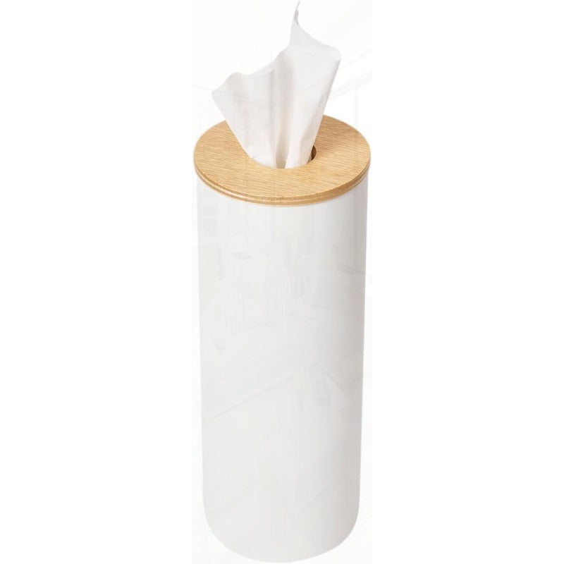 Home Rin Reusable Round Tissue Holder Case - Heavy-Duty Steel Construction with Elegant White & Natural Wood Lid, Modern Bathroom/Office/Kitchen Tissue Dispenser, Space-Saving Cylindrical Design, Durable Metal Tissue Organizer for Home or Commercial Use,