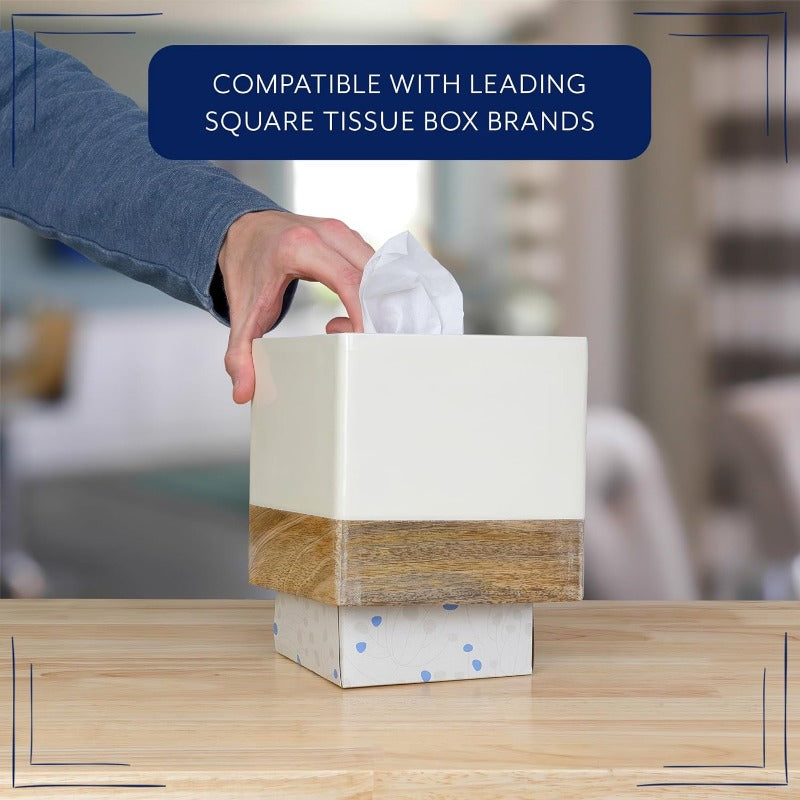 AuldHome Design Square Tissue Box Cover Enamel Mango Wood ; Minimalist Scandinavian Decor White Cube Tissue Holder
