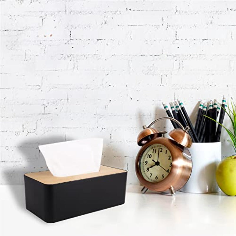 Modern Black Bamboo Tissue Box Holder with White Lid - Elegant Rectangular or Round Design, Durable Plastic & Bamboo Construction, Scratch-Resistant Surface Protector, Fits Bathroom, Office, Home - Compatible with Square & Round Tissues (9.7x5x3.6in) -