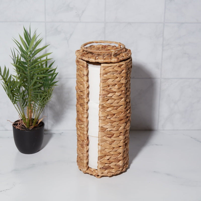 Elegant Beige Woven Tissue Holder with Lid – Natural Hyacinth Design, Round Bathroom Organizer for Toilet Paper, Stylish and Functional Home Decor, Toilet Paper Holder