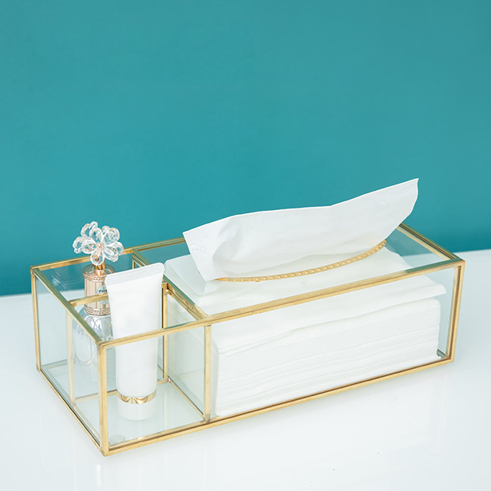 Glass Tissue Box with Brass Frame - Clear Rectangular Decorative Storage for Kitchen, Bathroom, Living Room & Office - Modern Elegant Napkin & Paper Holder with Open Access Design, Durable Glass Construction