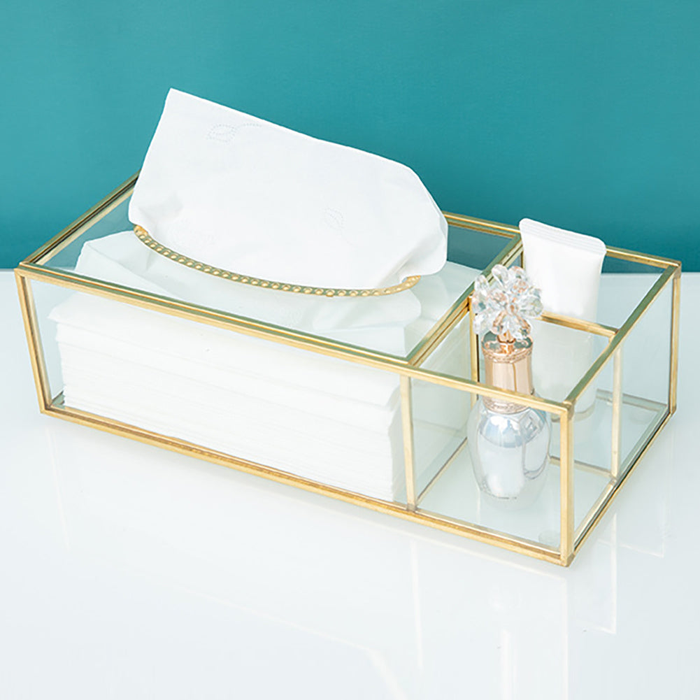 Glass Tissue Box with Brass Frame - Clear Rectangular Decorative Storage for Kitchen, Bathroom, Living Room & Office - Modern Elegant Napkin & Paper Holder with Open Access Design, Durable Glass Construction
