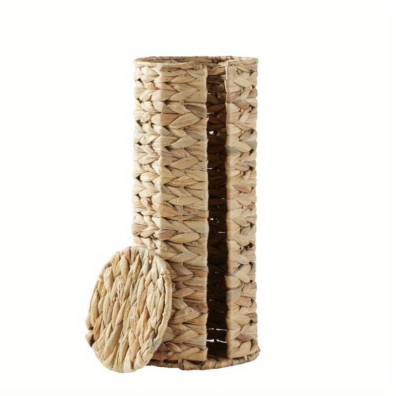 Elegant Beige Woven Tissue Holder with Lid – Natural Hyacinth Design, Round Bathroom Organizer for Toilet Paper, Stylish and Functional Home Decor, Toilet Paper Holder