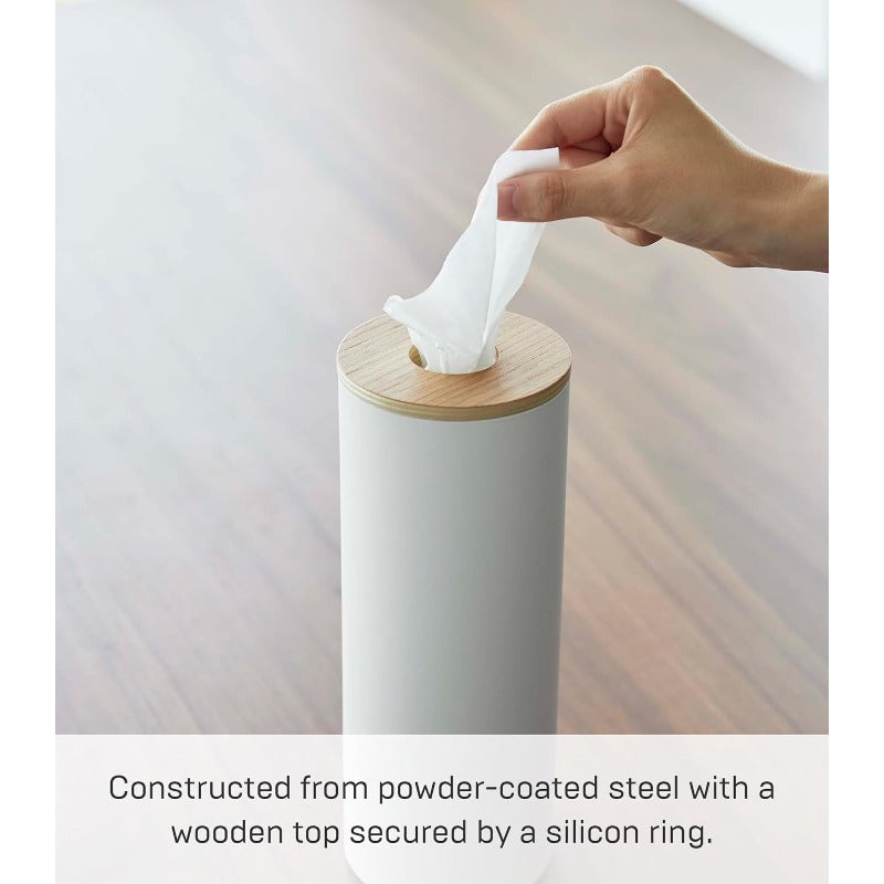 Home Rin Reusable Round Tissue Holder Case - Heavy-Duty Steel Construction with Elegant White & Natural Wood Lid, Modern Bathroom/Office/Kitchen Tissue Dispenser, Space-Saving Cylindrical Design, Durable Metal Tissue Organizer for Home or Commercial Use,