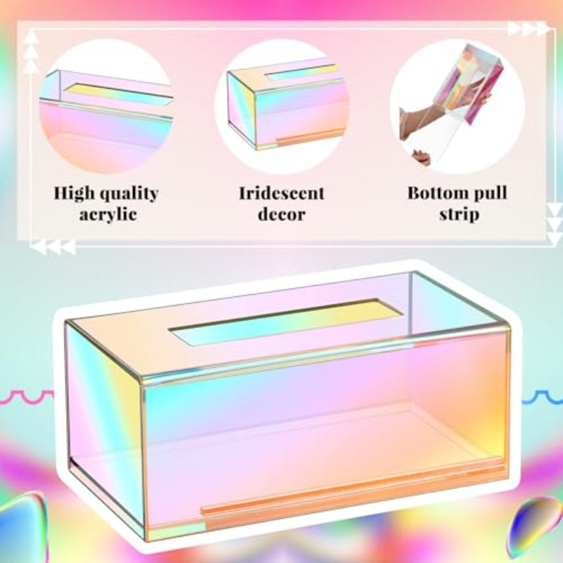 2pcs Iridescent Tissue Box Dispenser - Clear Modern Cube Organizer with Iridescent Rainbow Colors (Pink/Purple/Blue/Purple/Orange/Pink), Large Capacity Tissue Holder for Bathroom, Living Room, Office, Vanity - Space-Saving Countertop Organizer, Decorative