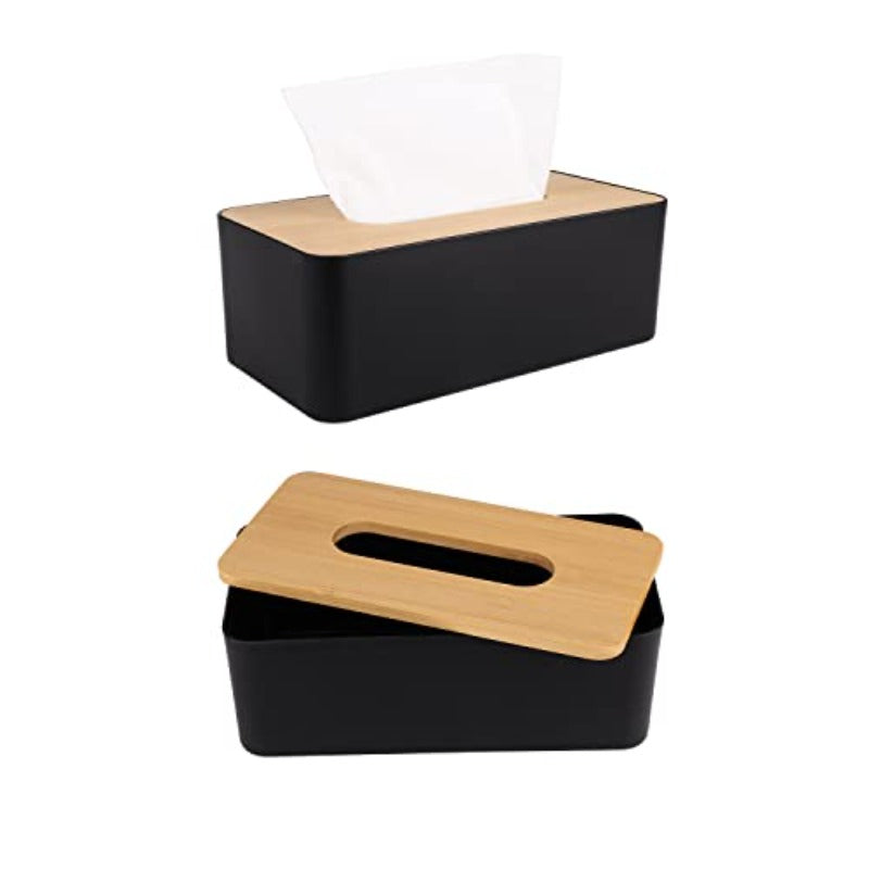Modern Black Bamboo Tissue Box Holder with White Lid - Elegant Rectangular or Round Design, Durable Plastic & Bamboo Construction, Scratch-Resistant Surface Protector, Fits Bathroom, Office, Home - Compatible with Square & Round Tissues (9.7x5x3.6in) -