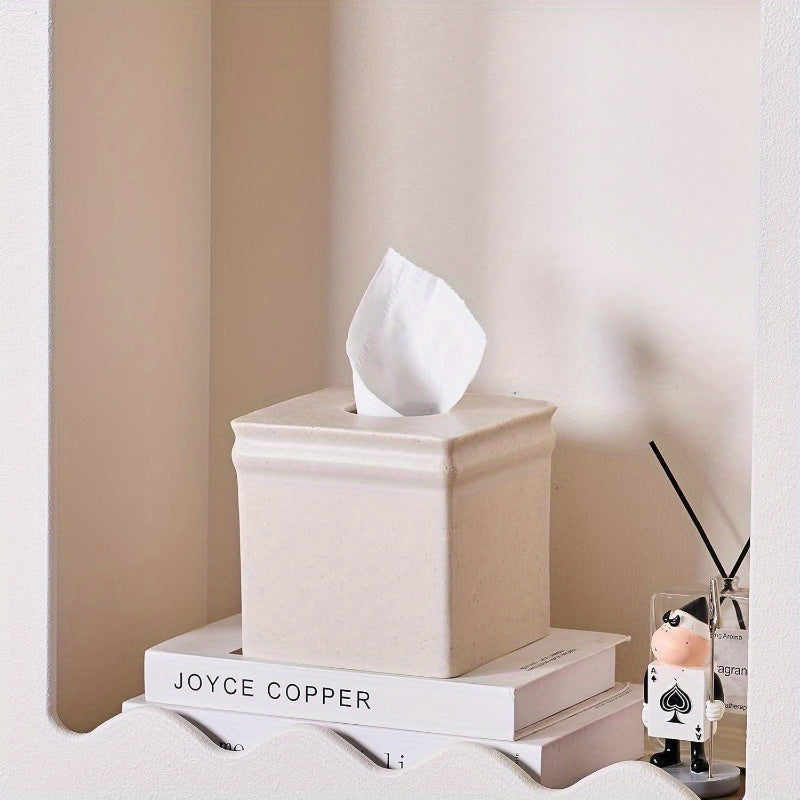 Beige Sand Stone Tissue Box Cover - Retro Square Design, Durable & Stylish for Bathroom, Bedroom, Nightstand, Vanity, Desk, or Office Decor, Bathroom Decor And Accessories, Bedroom Accessory, Minimalist Design, Textured Surface