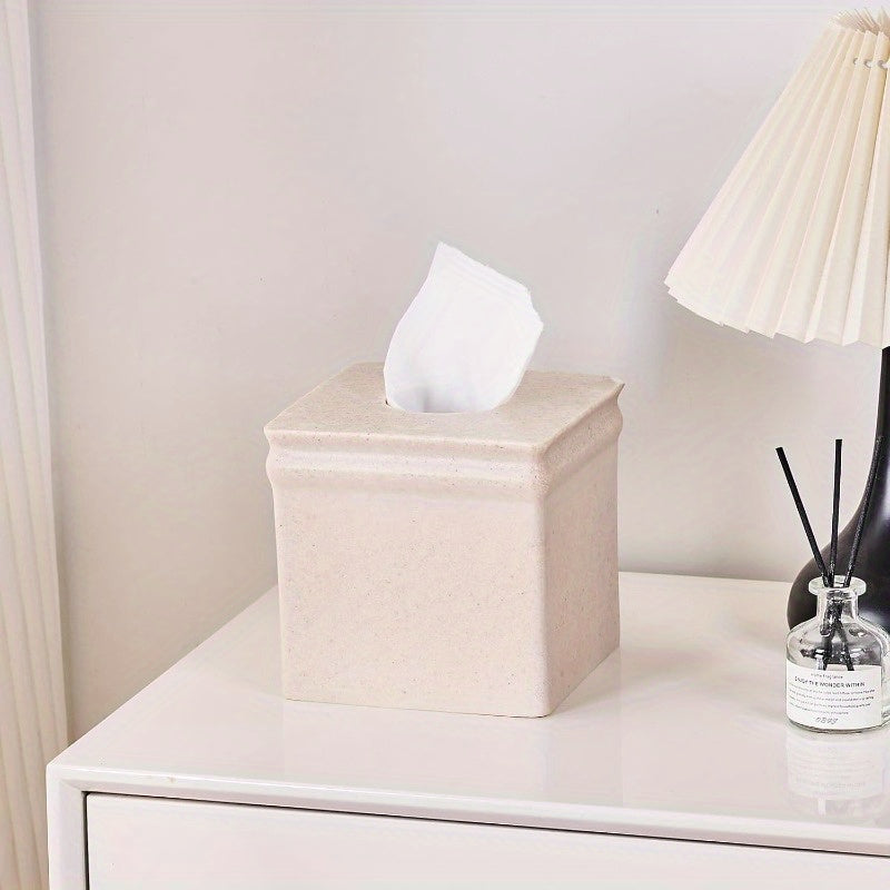 Beige Sand Stone Tissue Box Cover - Retro Square Design, Durable & Stylish for Bathroom, Bedroom, Nightstand, Vanity, Desk, or Office Decor, Bathroom Decor And Accessories, Bedroom Accessory, Minimalist Design, Textured Surface