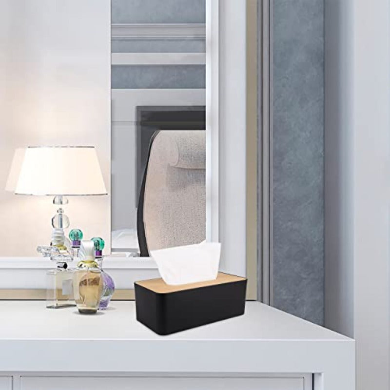 Modern Black Bamboo Tissue Box Holder with White Lid - Elegant Rectangular or Round Design, Durable Plastic & Bamboo Construction, Scratch-Resistant Surface Protector, Fits Bathroom, Office, Home - Compatible with Square & Round Tissues (9.7x5x3.6in) -