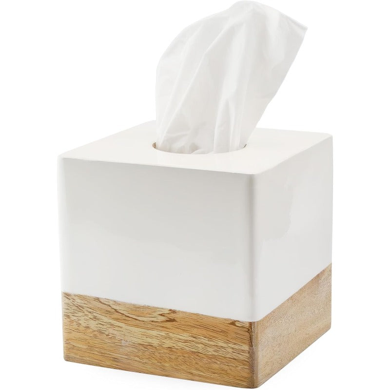 AuldHome Design Square Tissue Box Cover Enamel Mango Wood ; Minimalist Scandinavian Decor White Cube Tissue Holder