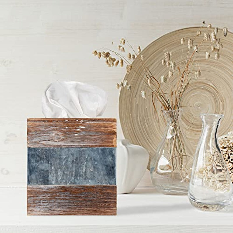 Rustic Metal & Distressed Wood Square Tissue Box Cover - Farmhouse Bathroom Decor with Antique White & Brown Finish, 6x6x6 Inch Decorative Holder for Tissues, Country Home Décor, Sturdy Metal Frame & Wood Panel Design, Space-Saving Tissue Dispenser for