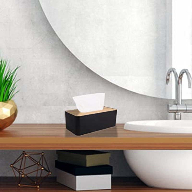 Modern Black Bamboo Tissue Box Holder with White Lid - Elegant Rectangular or Round Design, Durable Plastic & Bamboo Construction, Scratch-Resistant Surface Protector, Fits Bathroom, Office, Home - Compatible with Square & Round Tissues (9.7x5x3.6in) -