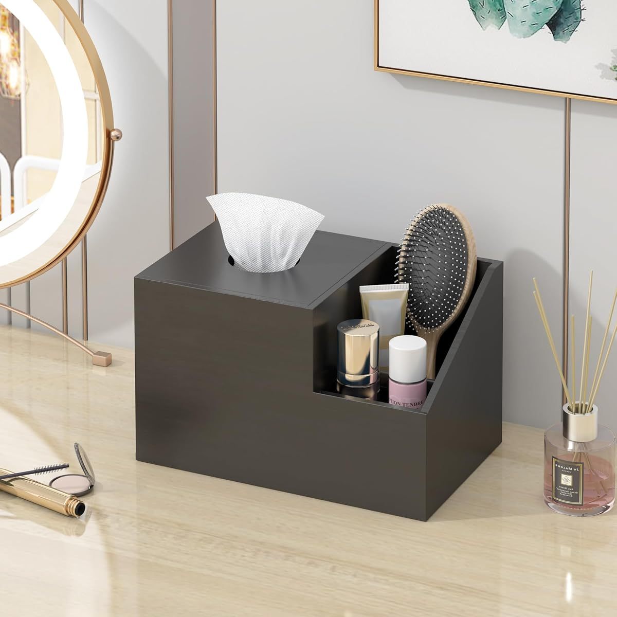 Tissue Box Cover Holder- Bamboo Square Multifunction Nightstand Organizer Tissue Storage Box for Bedroom, Bathroom, Office; Compartments Hold iPad Phones Remote Controls ( Black)