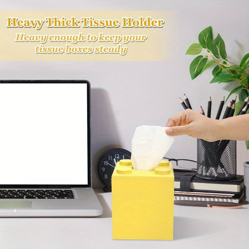 Wood Tissue Box Cover Tissue Box Cover Square Building Blocks Tissue Box Holder with SlideOut Bottom Cute Home Decor for Bathroom Living Room Office Kitchen Yellow Small