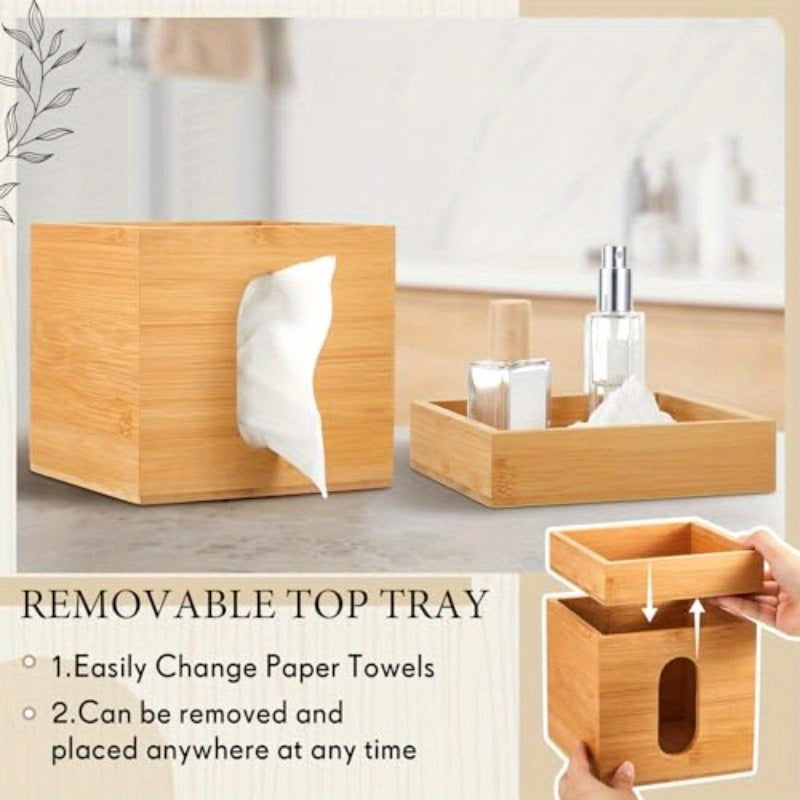 Natural Bamboo Tissue Box Cover with Removable Storage Tray - Decorative Cube Organizer with Vertical Slats Design, Fits Standard 6x6 Tissues, Rustic Modern Holder for Bathroom, Bedroom, Office - Space-Saving Storage (7.4”H)