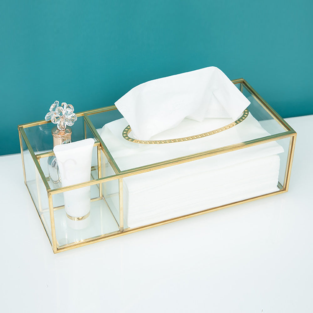 Glass Tissue Box with Brass Frame - Clear Rectangular Decorative Storage for Kitchen, Bathroom, Living Room & Office - Modern Elegant Napkin & Paper Holder with Open Access Design, Durable Glass Construction