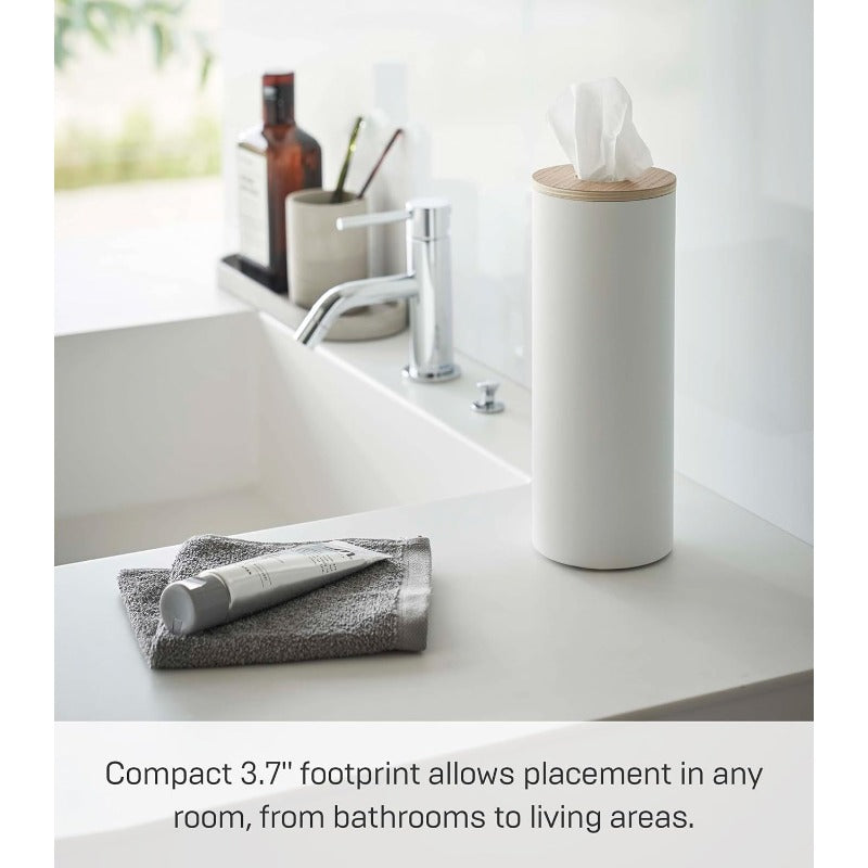 Home Rin Reusable Round Tissue Holder Case - Heavy-Duty Steel Construction with Elegant White & Natural Wood Lid, Modern Bathroom/Office/Kitchen Tissue Dispenser, Space-Saving Cylindrical Design, Durable Metal Tissue Organizer for Home or Commercial Use,