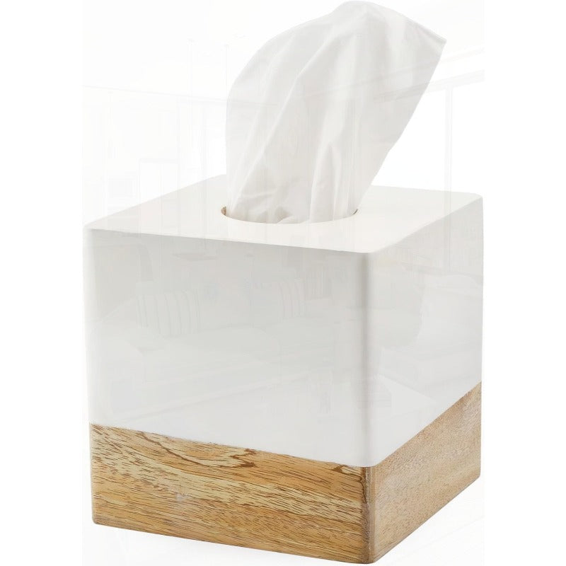 AuldHome Design Square Tissue Box Cover Enamel Mango Wood ; Minimalist Scandinavian Decor White Cube Tissue Holder