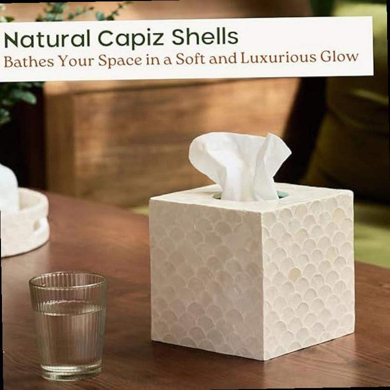 5 9 Capiz Tissue Box Cover Square Decorative Tissue Holder with Bottom Slider Handmade Bathroom Accessories Elegant White Cube for Vanity Bedroom Office Coastal D cor Natural
