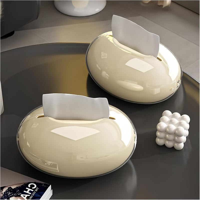 Luxury Beige Round Tissue Box Set with Decorative Lid - Modern Elegant Plastic Tissue Holder for Bathroom, Bedroom, Living Room, Desk - Durable & Hygienic Storage Organizer, Minimalist Home Decor in Beige & Black (Compatible with Standard Tissues),