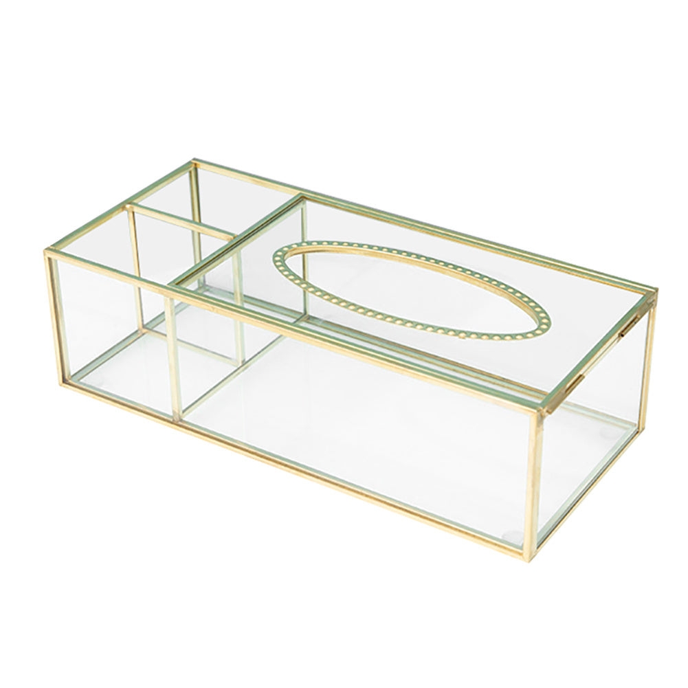 Glass Tissue Box with Brass Frame - Clear Rectangular Decorative Storage for Kitchen, Bathroom, Living Room & Office - Modern Elegant Napkin & Paper Holder with Open Access Design, Durable Glass Construction