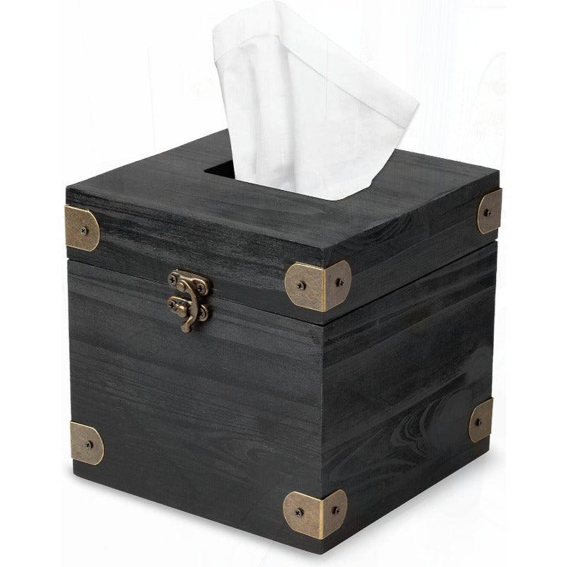 5 x 6 Rustic Tissue Box Holder Hinged Lid Tissue Dispenser for Bathroom Living Room Bedroom Black Weathered Wood